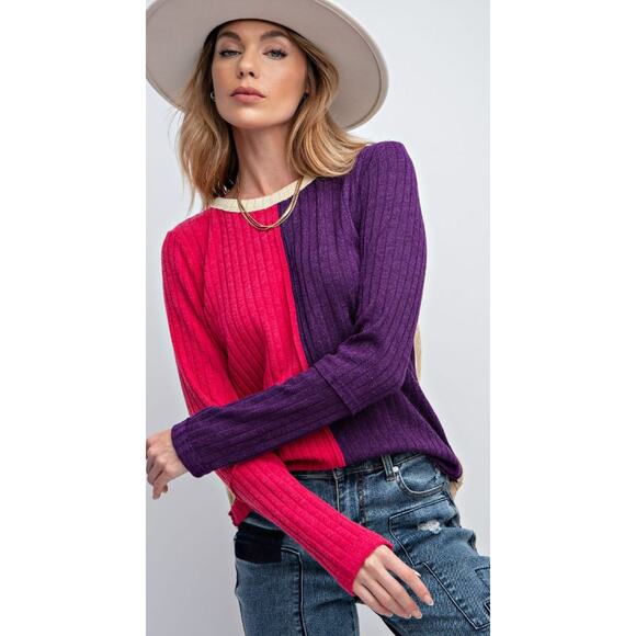 Easel ET17884 Small | Color Block Ribbed Top Plum Pink - Picture 1 of 3